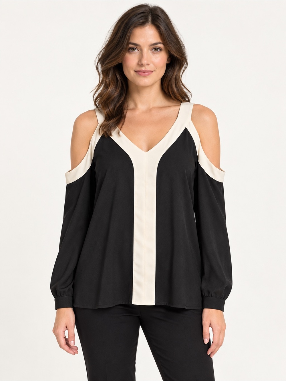 Calvin Klein Black V-Neck Cold-Shoulder Top with Cream Trim